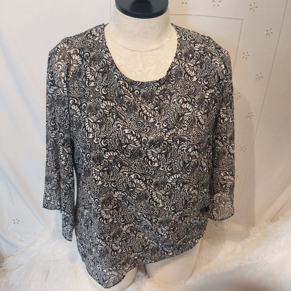 JM Collection black white Paisley Boho Stretch 3/4 Sleeve Blouse Size Large